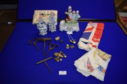 Vintage Collectibles Including Corkscrews, Military Buttons, Pottery Figures and Embroideries