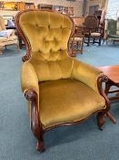Victorian Carved Mahogany Framed Armchair with Gold Button-Tufted Upholstery, plus Cushion