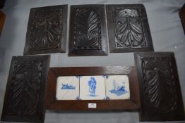 5x Victorian Carved Oak Panels, and 3x Delft Tiles (one AF)