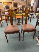 Pair of Edwardian Mahogany Art Nouveau Dining Chairs with Inlaid Floral Detailing.