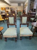 2 x Victorian Parlour Chairs with Carved Walnut Frame and Stripped Upholstery