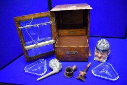 Edwardian Oak Smokers Cabinet with Pipes and Tobacco Jar