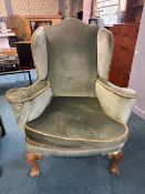 Queen Anne Wingback Armchair in Green Velvet Upholstery with Carved Cabriole Legs