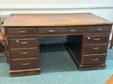 Traditional Wooden Executive Desk with Brown Leather Inlaid Top and Nine Drawers