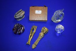 Collectibles Including Brass Nutcrackers, Glass Paperweights, and an Oak Book Stand