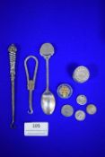 Assorted Small Silver Items Including Button Hooks, Spoon, Coins, etc.