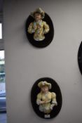Pair of Continental Bisque Figures on Velvet Wall Mounts
