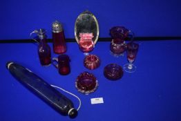 Cranberry Glass Dishes, Castor, etc. plus Blue Glass Rolling Pin