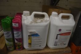 *2x 5L of Thick Bleach, plus 1x Part Bottle, 1x Part Bottle Pine Disinfectant, and a Quantity of
