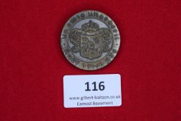 Dutch Commemorative Badge, a large round bronze badge with heraldic shield and crown, surrounded