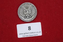 Sports Day Badge, Ruhr-Niederrhein 1937, a circular white metal badge with eagle clutching swastika,