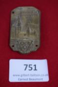 Reichsverband Rally Badge, bronze-coloured pressed-metal badge with church and townscape, base