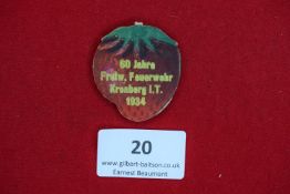 Fire Brigade Anniversary Badge, Kronberg 1934, a novelty strawberry-shaped printed card badge,