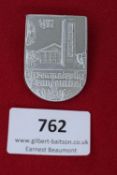 Ehrenmalweihe Frankenthal Badge 1936, a silvered pressed-metal shield-shaped badge depicting