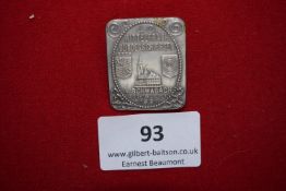 Silvered rectangular tinnie badge, “40. Mittelfränk. Bundesschiessen, Schwabach, 11–15 Juli 1931,”