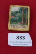 Heimatfest Tabarz Badge, 1934, a rectangular woven event badge in gilt frame, showing a wooded