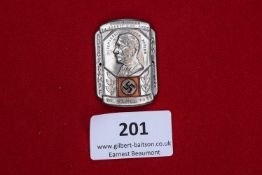 Adolf Hitler Commemorative Badge, silvered rectangular badge with portrait and swastika, dated “30