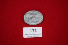 Kreistag Badge, Worms 1935, an oval grey metal badge depicting city view with eagle and swastika