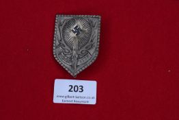 Jagd Aufseher Badge, shield-shaped silvered badge with antlers, skull and swastika design,