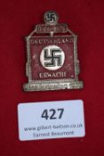 1936 Oldenburg Deutschland Erwache Badge, rectangular enamel badge with swastika and inscriptions “