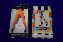2x Tights - 1x Neon Orange Footless, and 1x Harlequin