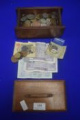 Wooden Box Containing Vintage Coinage and Banknotes, plus Silver Coins