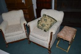 Pair of Victorian Armchairs, plus Stool (requiring reupholstery)