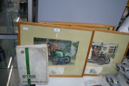 3x Motoring Prints, and a Triumph Stag Motoring Manual