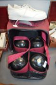 Set of 4 Green Master Bowling Balls with Case and Bowling Shoes