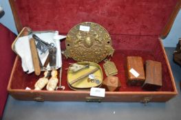 Leather Case Containing Miscellaneous Collectibles Including Brass Fire Insurance Plaque