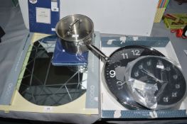 Decorative Mirror, Saucepan, and Two Clocks, etc.