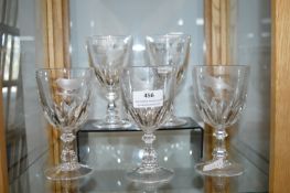 5x Cut Glass Lead Crystal Etched Wine Goblets with Bird Designs