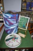 Artificial Peacock, 2x Lampshades, and a Decorative Tray