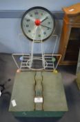 Retro Items Including Shoe Polish Box, Metamec Clock, and a Magazine Rack
