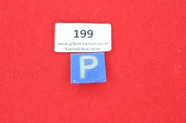 Vintage enamel badge, square form in blue, depicting a white 'P' for Parking. Reverse stamped