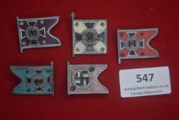 Five WHW miniature flag badges, enamelled in various colours with swastikas and Iron Crosses