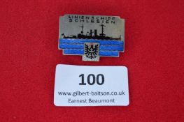 LinienSchiff Schlesien naval badge, enamelled ship and waves, Ferd. Wagner maker.