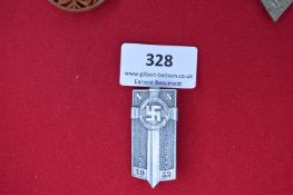 NS Jugendtag Day Badge – A rectangular pressed alloy badge depicting a sword with central wreath and