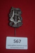 Tinnie stickpin commemorating 1931 Saxonia festival at Waldheim, lyre and tower motif with oak