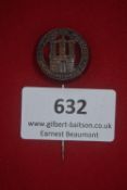 Stickpin, Kraft durch Freude (KdF) badge, red plastic backing with bronze insert, “GAU HAMBURG”