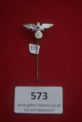 NSDAP cap eagle stickpin, silvered eagle with Iron Cross and swastika wreath, finely detailed,