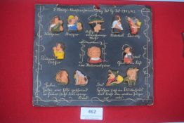 German WWII souvenir board of caricature badges, 1941/42 — Mounted on original black card titled “5.