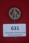 Stickpin, Kraft durch Freude (KdF) badge, red plastic backing with silver insert, “GAU HAMBURG”