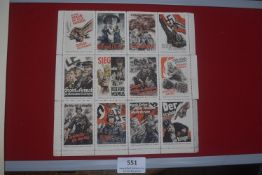 Sheet of twelve WHW/JDFF propaganda poster miniature stamp badges, featuring slogans and imagery