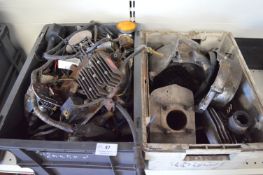 2x Crates of Various Motorcycle Parts Including Cylinder Heads, Crank Case Covers, Side Lights, etc.