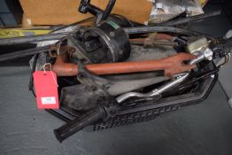 Shopping Basket Containing Motorcycle Parts Including Handlebars, Swing Arms, Stands, etc.
