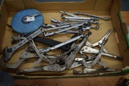 Box of Tools Including Mole Grips, Tape Measure, Various Adjustable Spanners, etc.