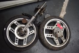 Pair of Motorcycle Wheels with Tyres Including Forks