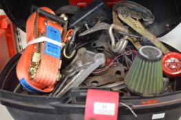 Motorcycle Topbox Containing Ratchet Straps, Carburettor, Horns, etc.