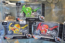 3x Diecast 1:12 Scale Motorcycles in Packaging
